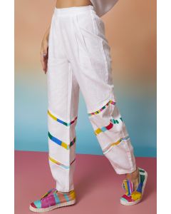 White Three Striped & Pleated Jogger Pants