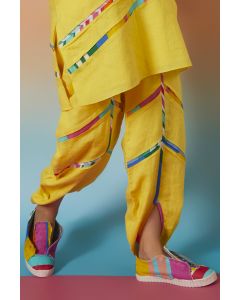 Yellow Linen Striped Dhoti Pants