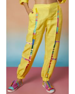 Yellow Linen Two Striped Jogger Pants