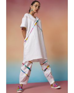 White Linen Kaftan & Three Stripes With Pleat Joggers