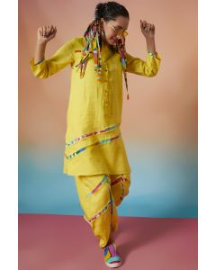 Yellow Linen Band Collar Kurta & Striped Dhoti Pants