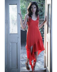 Red Silk Georgette Asymmetrical Dress