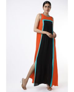 Orange & Black Color Blocked Maxi Dress
