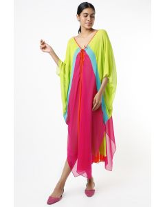 Neon Green Color Blocked Ruched Kaftan