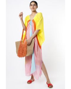 Lime Yellow Color Blocked Ruched Kaftan