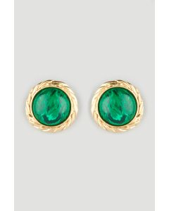 Gold Finish Stud Earrings With Green Malachite Stone