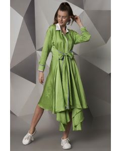 Green Hi-Low Dress With Waist Tie-Up