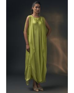 Lime Bamberg Satin & Chiffon Cape Dress