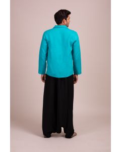 Turquoise Tunic-Style Shirt With Black Piping