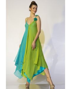 Turquoise & Neon Green Asymmetrical Gown