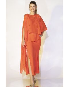 Coral Orange Embroidered Skirt Set With Cape