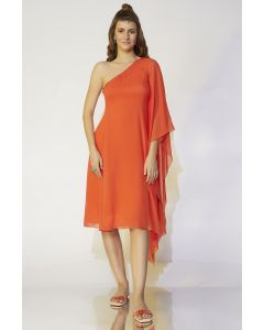 Coral Orange One-Shoulder Flared Dress