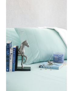 Minty Blue Cotton Sateen Bedsheet Set With Square Embroidery Detail