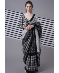 Black & White Checked & Striped Saree Set