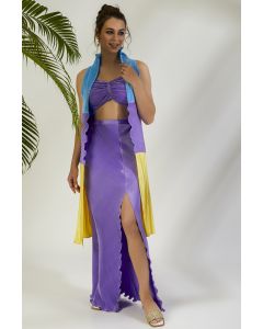Violet Crinkle Skirt Set With Color-Block Shrug