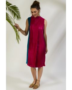 Hot Pink Crinkle Dress With Collar Panel