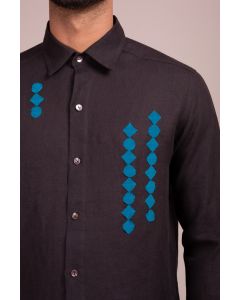Open Collar Full Sleeve Button Front Shirt With Geometric Applique Detail