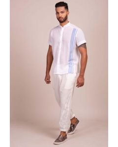 Mandarin Collar Short Sleeve Button Front Shirt With Blue Vertical Stripe Detail