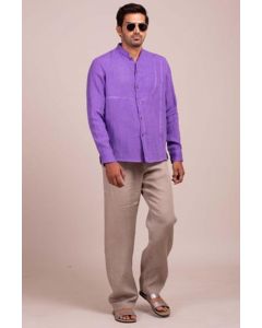 Mandarin Collar Full Sleeve Button Front Shirt With Curved Placket Detail