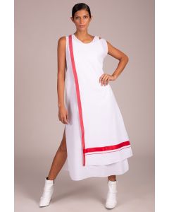 Round Neck Drop Shoulder Sleeveless Double Layered Dress With Red Stripe Detail
