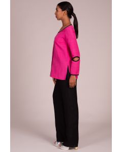 Scoop Neck Full Sleeve Top With Contrast Piping + Cutaway Detaill