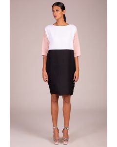 Round Neck 3 Quarter Sleeve Colour Blocked Dress With Pockets