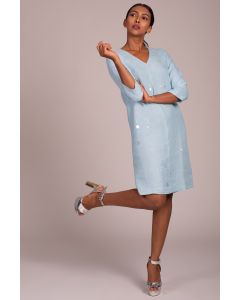 V Neck 3 Quarter Sleeve Dress With Floating Circles Embroidery