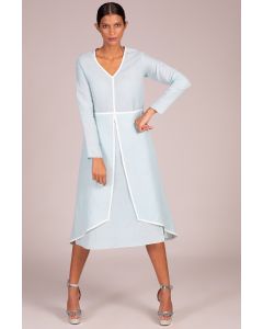 V Neck Full Sleeve Angular Hem Layered Dress With Contrast Piping