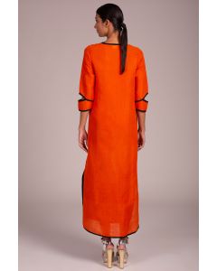 V Neck 3 Quarter Sleeve Fold Over Hem Long Dress With Contrast Piping + Cutaway Detaill