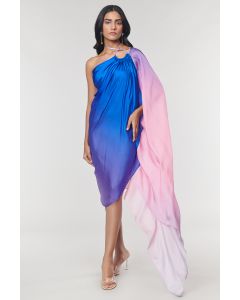 One-Shoulder Blue Ombre Printed Ring Dress