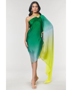 One-Shoulder Green Omber Printed Ring Dress