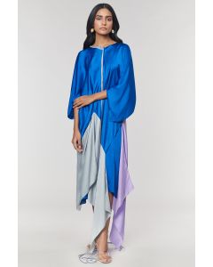 Blue & Grey Colorblock Fringed Neckline Asymmetrical Dress