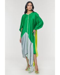 Neon & Green Colorblock Fringed Neckline Asymmetrical Dress