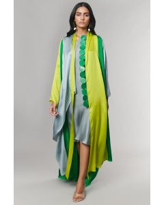 Green & Neon Scalloped Detailed Cape With Grey Slip Dress