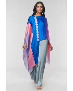 Blue Ombre Printed Scalloped Detailed Cape Top