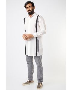 Mundu Cotton White Long Shirt With Black Stripes