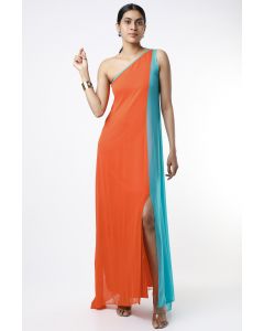 Orange & Turquoise One Shoulder Maxi Dress